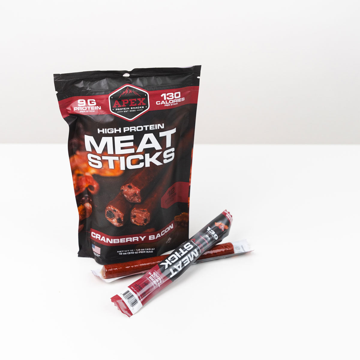 Cranberry Bacon Apex Protein Meat Sticks and Bag