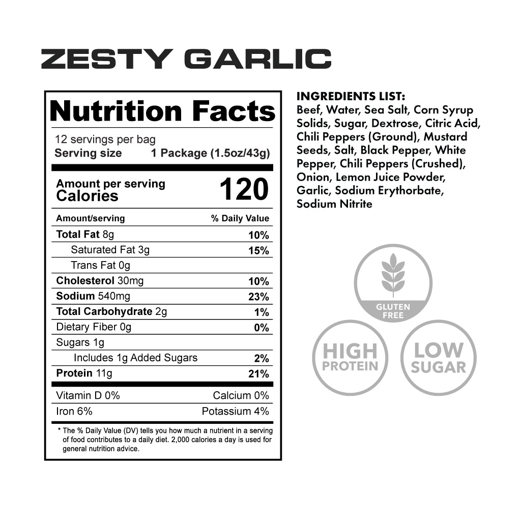 Zesty Garlic Protein Meat Sticks | Apex Protein Snacks - Nutritional Facts